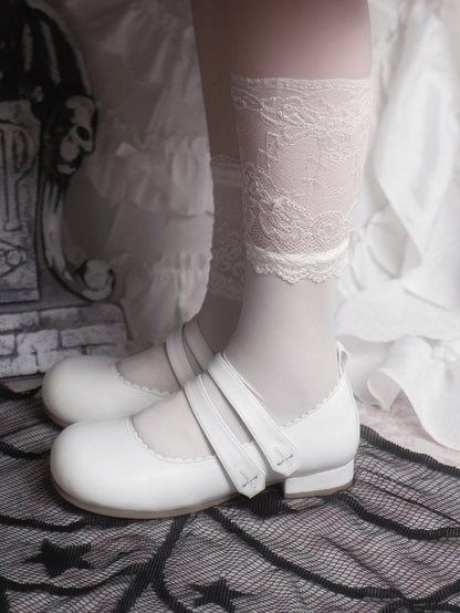 Round Cross White Flats Velcro Gothic Embroidery Toe Strap Closures