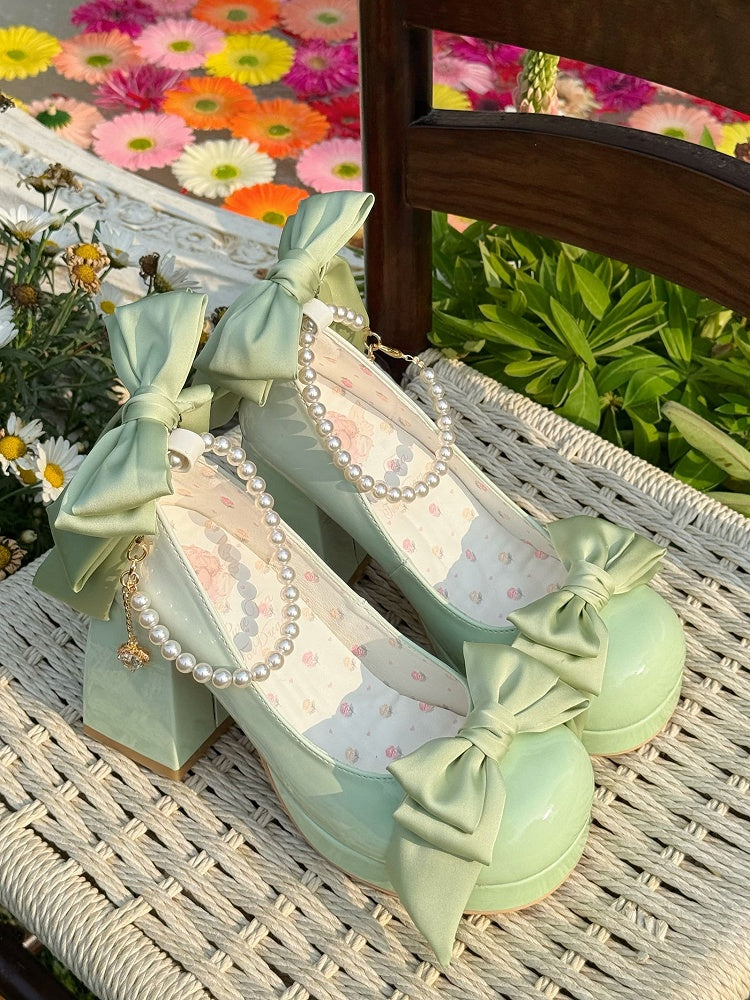 Green Sweet Toe Bowknot Lolita Platform Janes Round Mary Shoes Details