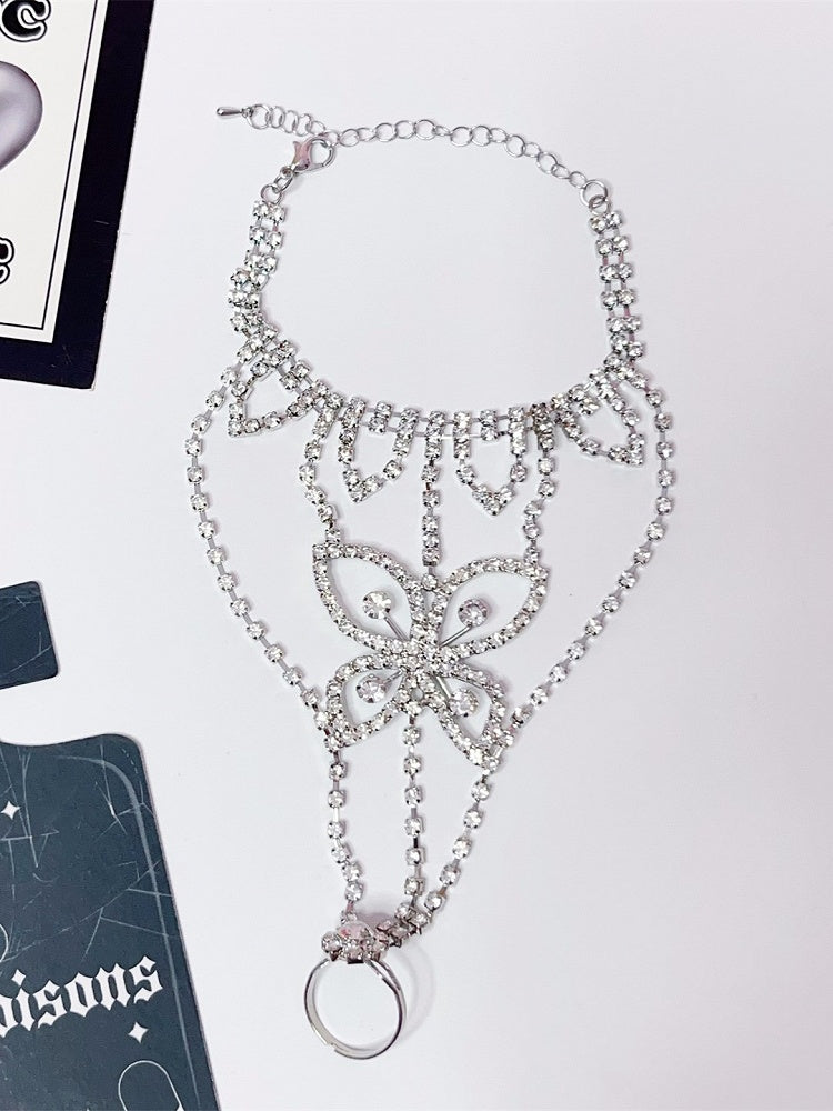 Floral Design Bracelet Silver Rhinestone Y2K