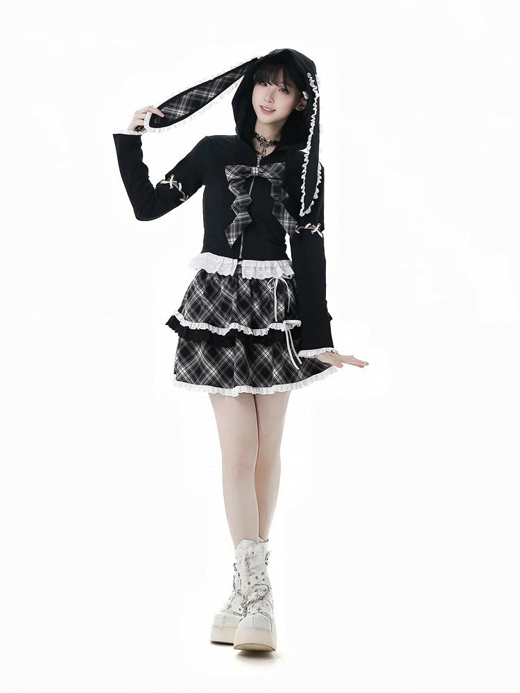 Schnürung, Spitzenbesatz, Hasenohren, weiß/schwarzes Design, Kapuze, Reißverschluss, Kapuzenärmel, abnehmbar