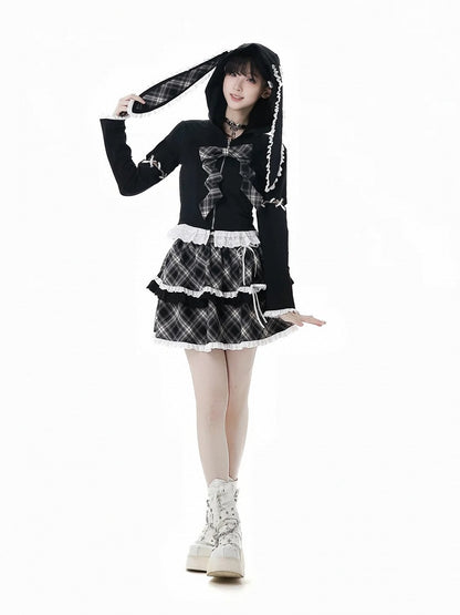 Schnürung, Spitzenbesatz, Hasenohren, weiß/schwarzes Design, Kapuze, Reißverschluss, Kapuzenärmel, abnehmbar