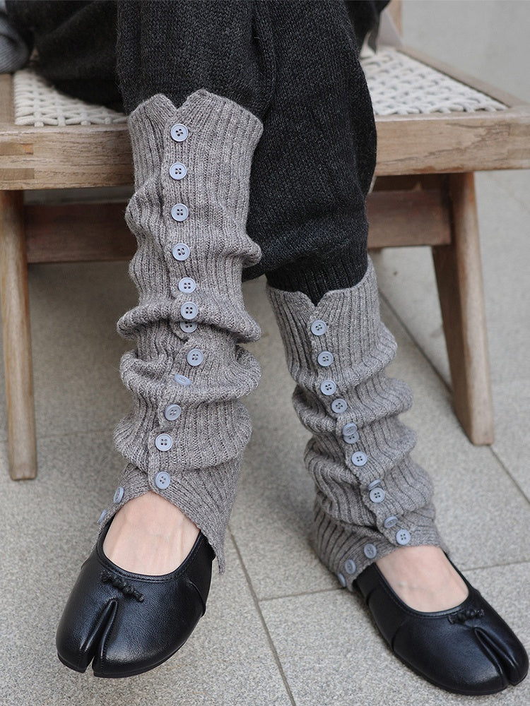Slouchy Leg Knit White Warmers Gray Button-Detail /