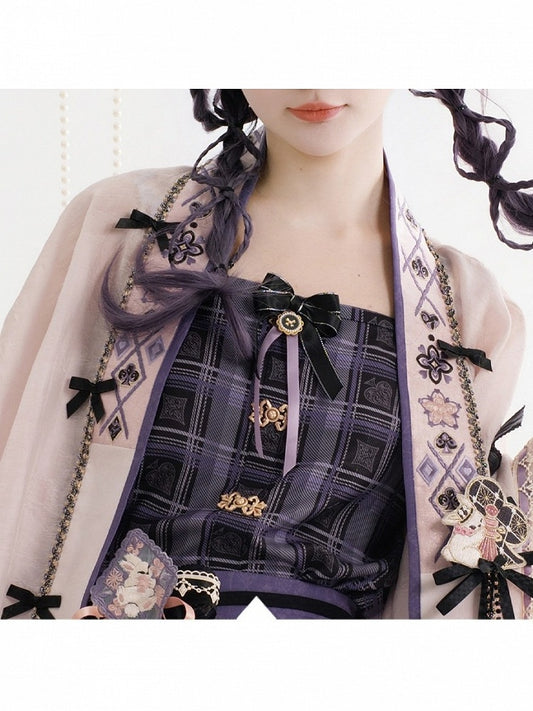 Purple Plaid Moon Rabbit Top with Bowknot & Button Decor - Luo Xiu Dong Xiang