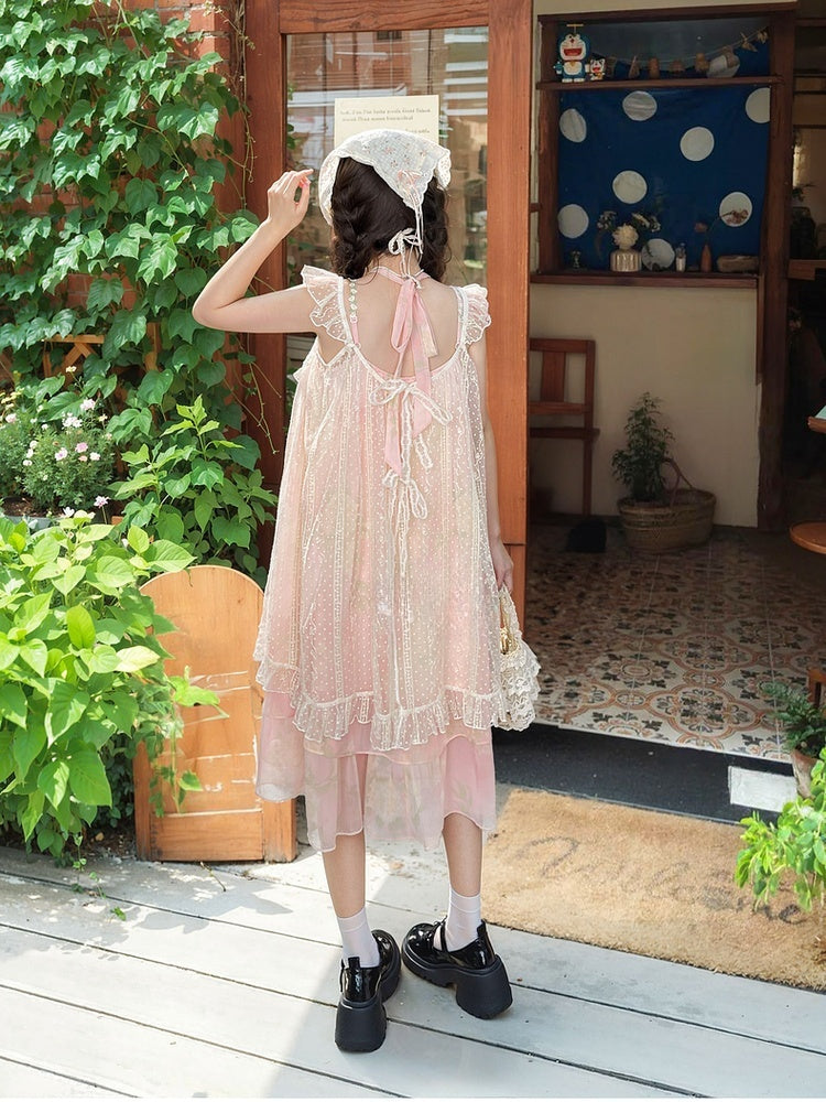 Slip Overdress Dress+Flutter Sleeves Neck Tiered Two-pieces Skirt Polka-dot Yume Kawaii Pink Set-	Halter
