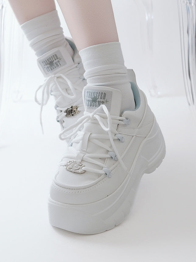 Leather Kei Sneakers in Classic Matte White Platform Lacing with PU System Jirai
