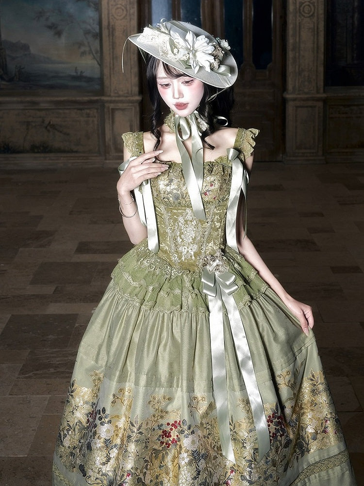 Dark Green Floral Lace Boned Corset with Satin Bow - Yimu Walnut