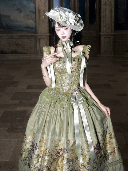 Dark Green Floral Lace Boned Corset with Satin Bow - Yimu Walnut