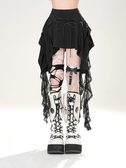 ディテールカスケーディングレースフリルスカートブラックレースアップ
