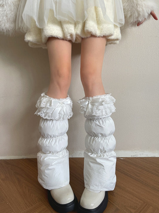 Bowknot Leg Puffer with Warmers Trim Lace White/Pink and White