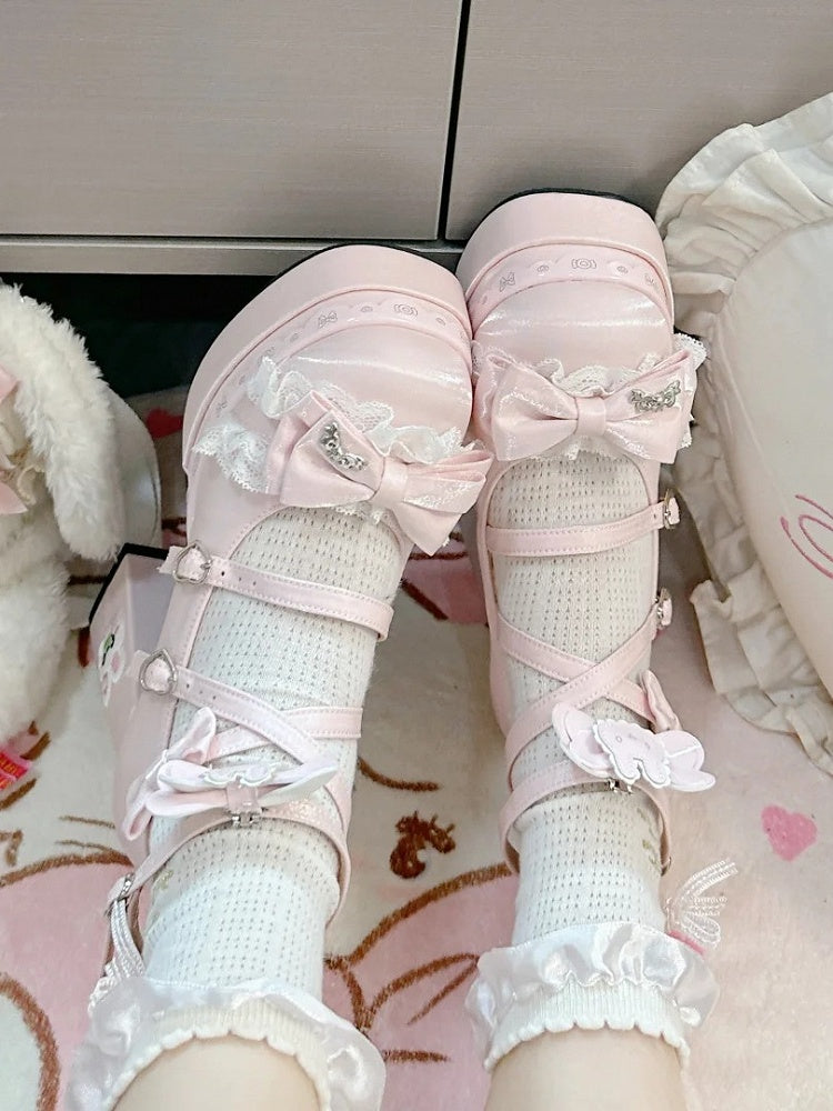 Pink with Lolita - Satin High Block Accents Sweet Bow Platforms Heel
