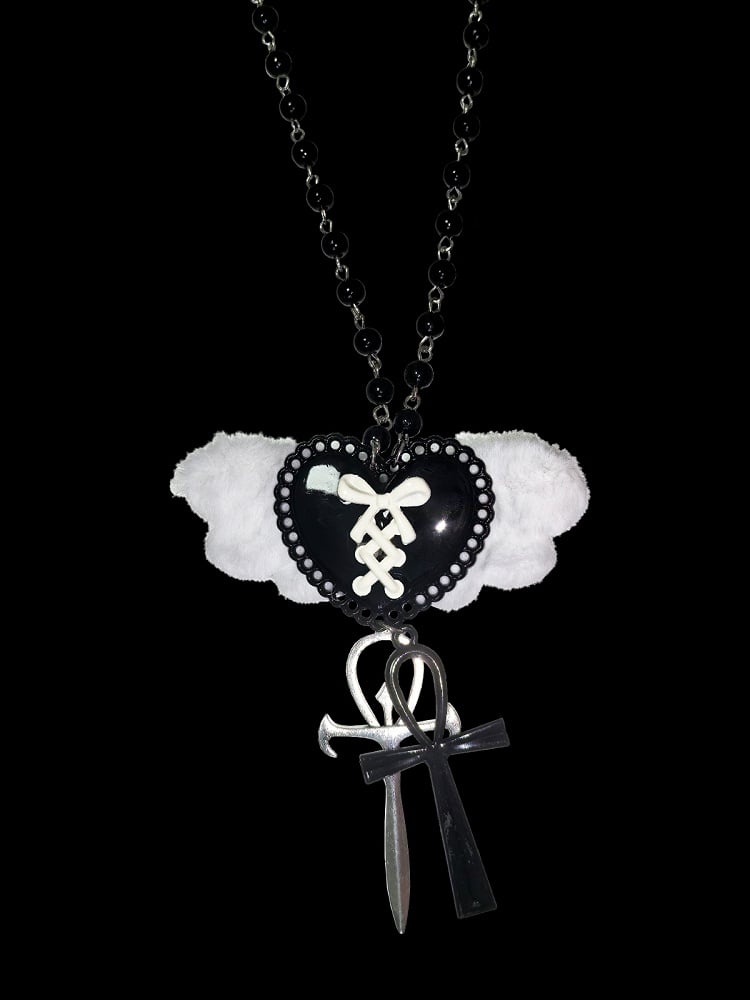 Black & White Y2K Heart Wing Cross Necklace - Kiwi Store