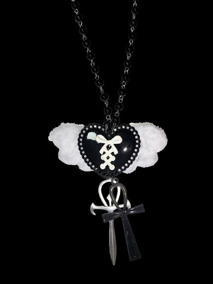 Black & White Y2K Heart Wing Cross Necklace - Kiwi Store