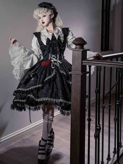 Schwarzes, schulterfreies, hochgeschlossenes Fledermaus-Gothic-Flügelkleid mit Lolita-Rock
