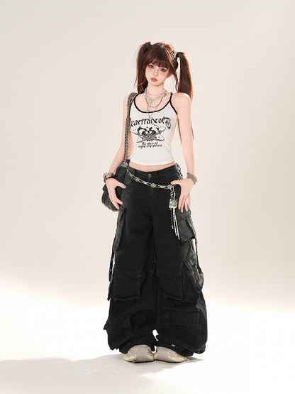 Blau/Schwarze Cargo-Jeans mit weitem Bein und niedriger Taille