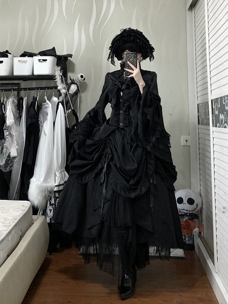 Bell High Black Blouse Gothic Lolita Neck Sleeves Ruffled