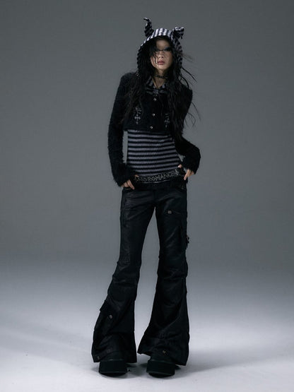 Fake Zweiteiler Schwarz-Grau gestreiftes Top mit Dobermannohr