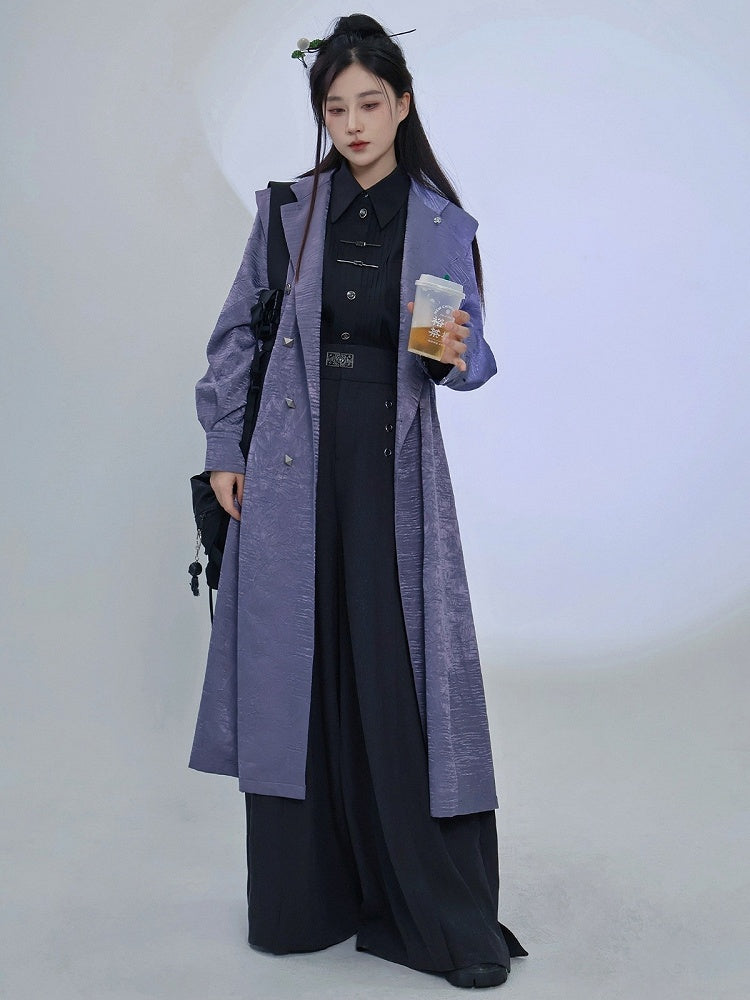 Purple Trench Coat with Dragon Embroidery, Mandarin Collar & Removable Tassel Detail - Feng Hua Gui Guo Ling