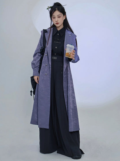 Purple Trench Coat with Dragon Embroidery, Mandarin Collar & Removable Tassel Detail - Feng Hua Gui Guo Ling