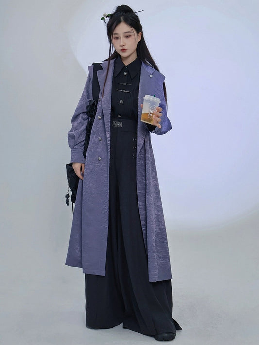 Purple Trench Coat with Dragon Embroidery, Mandarin Collar & Removable Tassel Detail - Feng Hua Gui Guo Ling