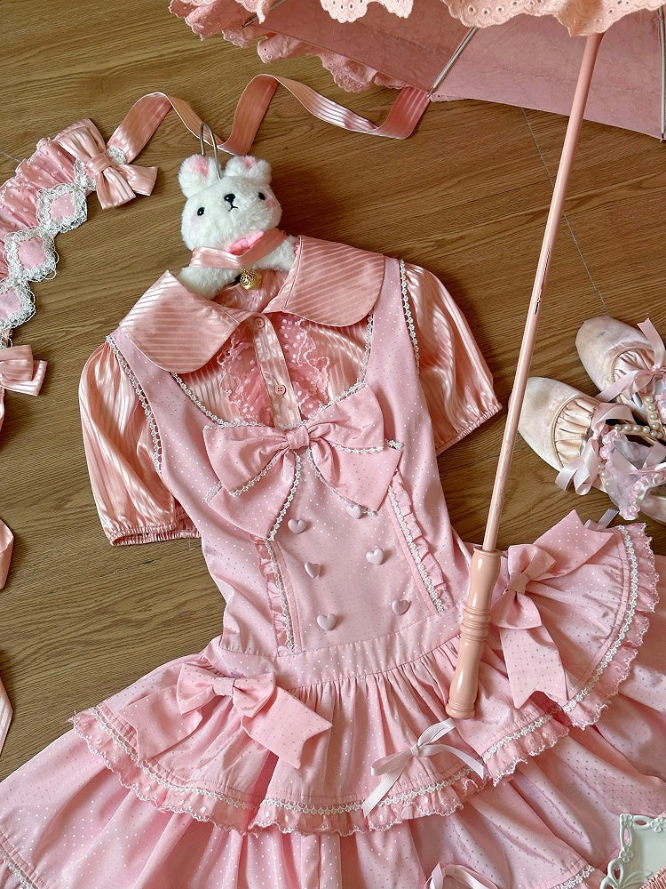 Manschettenbluse Rosa Kurz Elastischer Stoff Gestreifte Ärmel