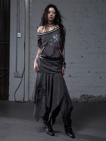 Asymmetrischer Ausschnitt Grau/Weiß Wasteland Punk Distressed Kleid