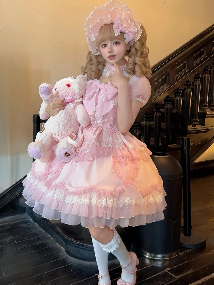 Pink Big Bowknot Bodice Princess Puff Sleeves Sweet Lolita Dress