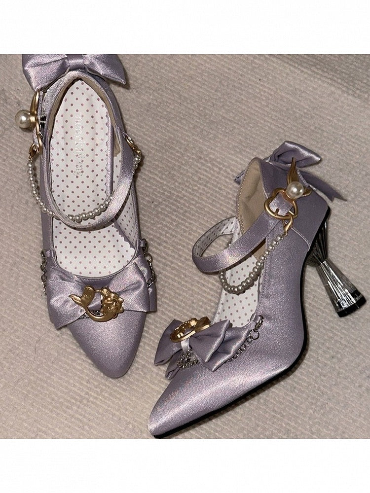 Purple Pointed Toe Shoes with Bowknot, Pearl & Mermaid Design - Meng Ka Jiang
