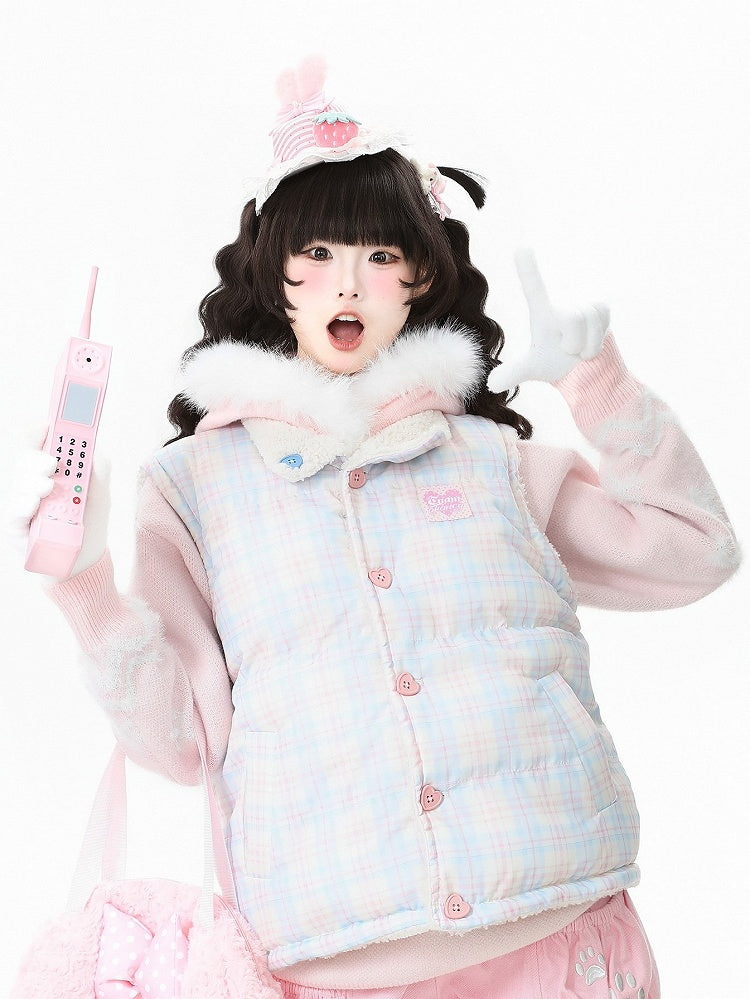 Kawaii Vest Daily Pink Closure Plush with Lining 2-Way Button Fleece Plaid Heart