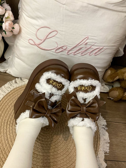 Round Toe Sweet Lolita  Brown Platform Shoes with Fleece-lined & Strawberry Snap