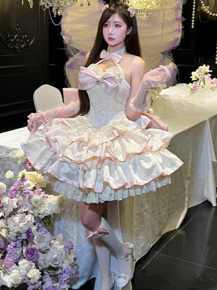 クリーミーな蝶結び生地のティアードパフィースカート、ホルターネック、バースデーコルセットドレス