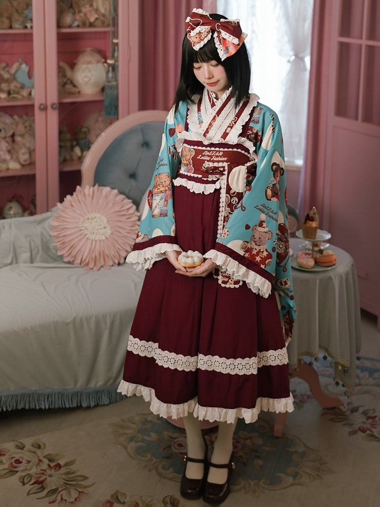 Wa Print + Bear Top Crossover Lace Dress Design Lolita Set Blue JSK Trimmed Red