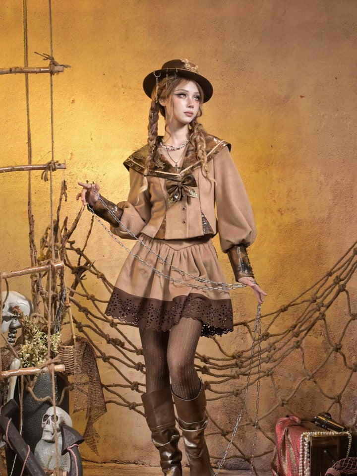V-Waist with Skirt Khaki Hem Floral Cut-out Brown Suede Steampunk