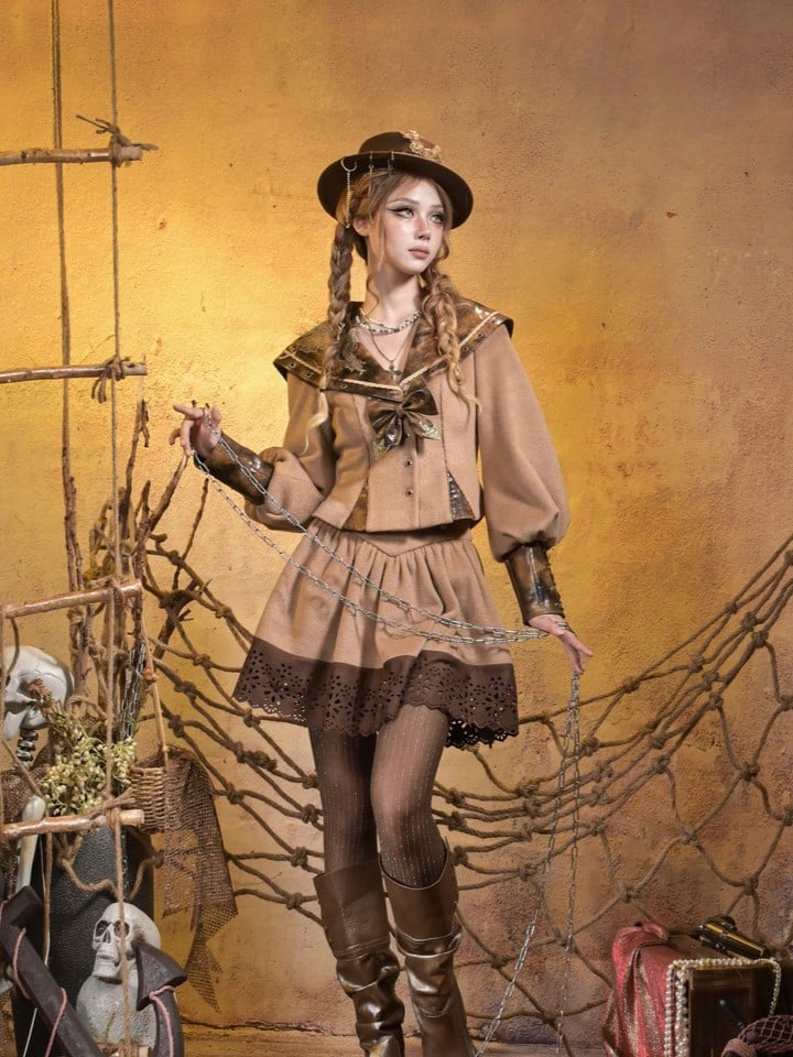 Lace Collar Applique Steampunk Embroidered Top PU with Khaki Sailor Brown