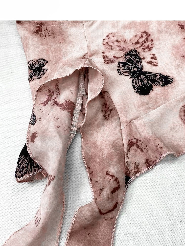 Cami Top Choker Asymmetrical Pink Hem Oil Rosette Painting And Print Glamorous Y2K With Butterfly