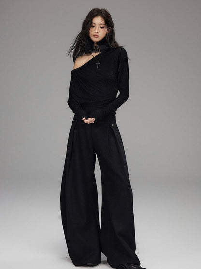Black Velvet Asymmetrical Cutout Shoulder T-Shirt - Low pixel