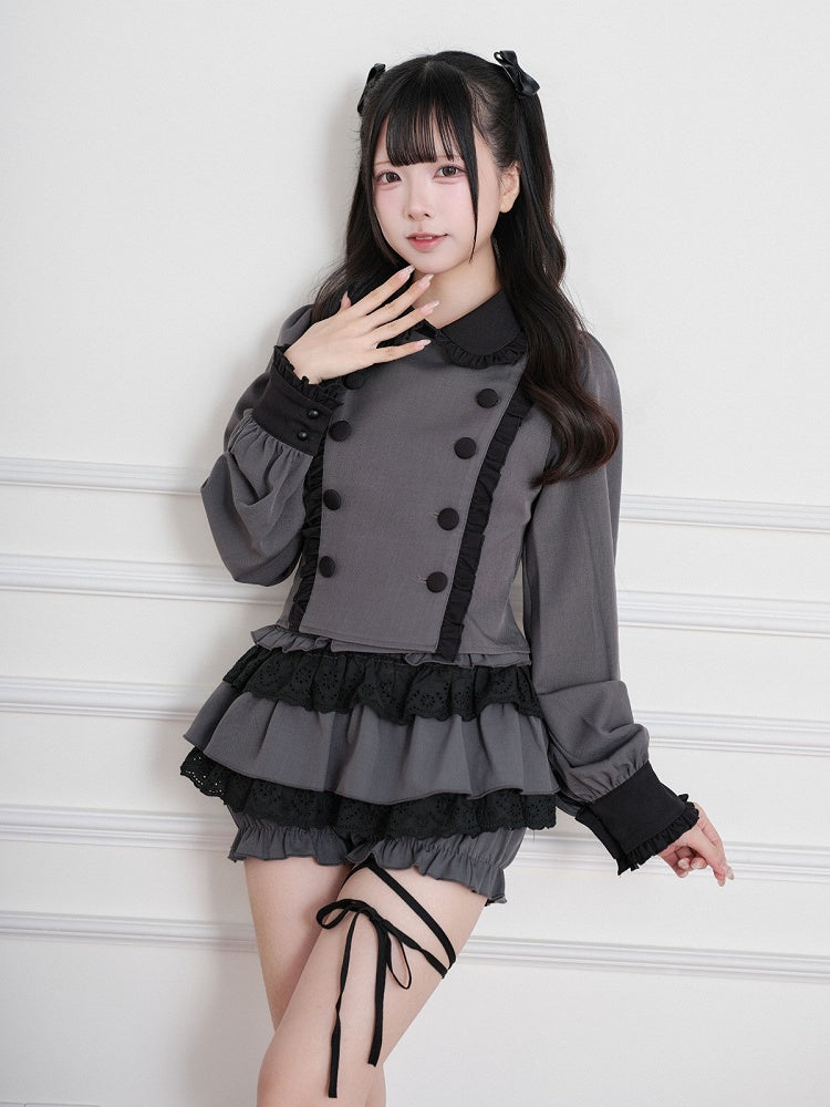 Black & Gray Jirai-Kei Peter Pan Collar Long-Sleeve Top, Double-Breasted & Ruffled - No Genki