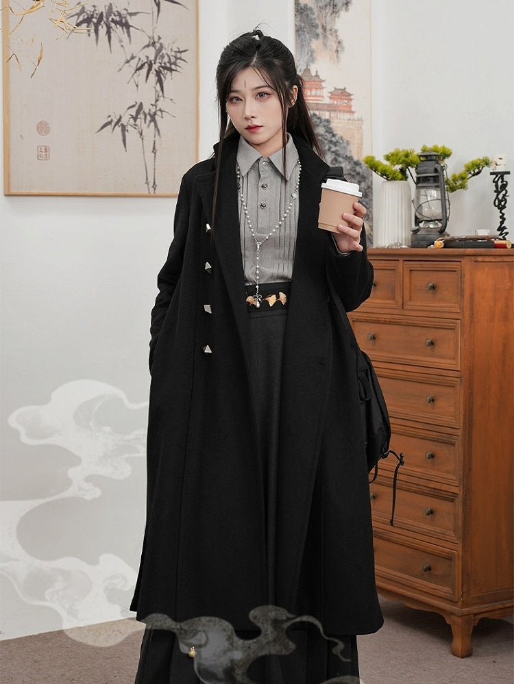 Side Button Style Slits Scarf with Front Set Placket Chinese Unisex - Coat Black