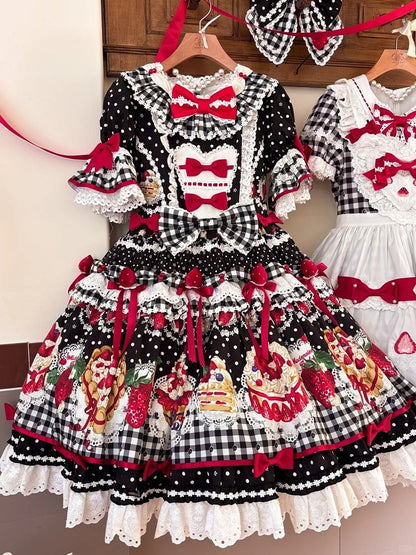 Lolita Dress Sleeves Print White with Strawberry Sweet Cake Puff Ruffle Black Hem