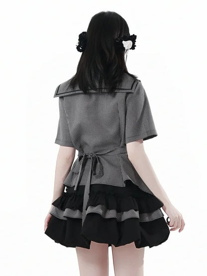 Bow Back Black Square Collar Self-tie Plaid Blouse with Necktie