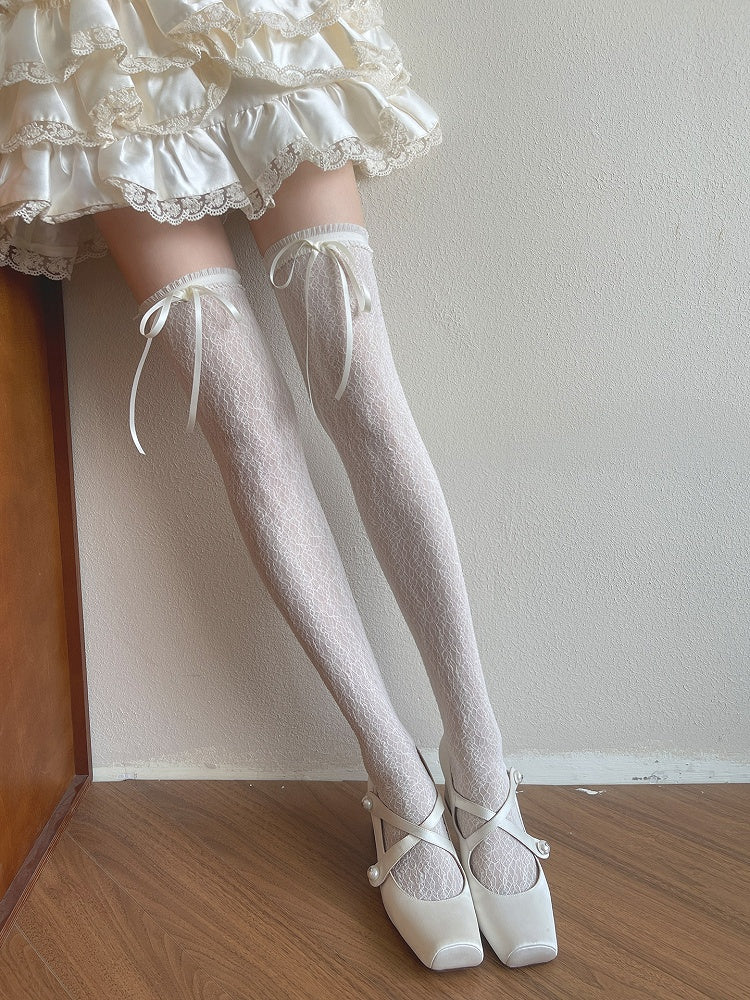 Milchweiß/Schwarze Overknee-Strümpfe mit Schleife und Blumenmuster