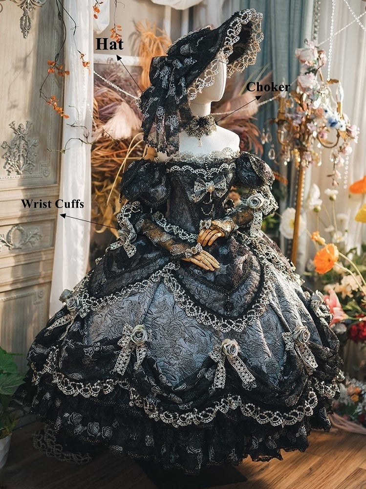 Gray Layered Lace Hanayome Details with Bow Ruffles Lolita Version Gown and Off-Shoulder Hime Black Short