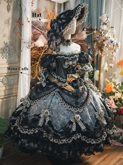 Gray Layered Lace Hanayome Details with Bow Ruffles Lolita Version Gown and Off-Shoulder Hime Black Short