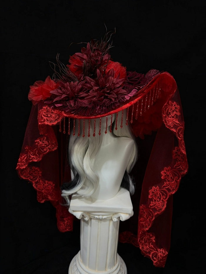 Red Gothic Floral Lace Lolita Hat with Long Veil - Custom Made Earrings