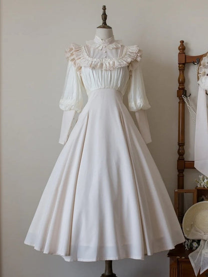 Long-Sleeve Ruffled Beige Classic Dress Elegant Waist Lolita High