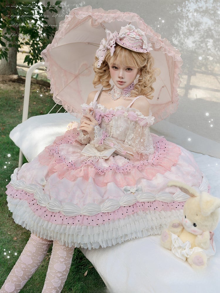Wrist Shoulder KC Choker Veil Mini Hime Cuffs Set + Off Pink Lolita Full Hat Dress