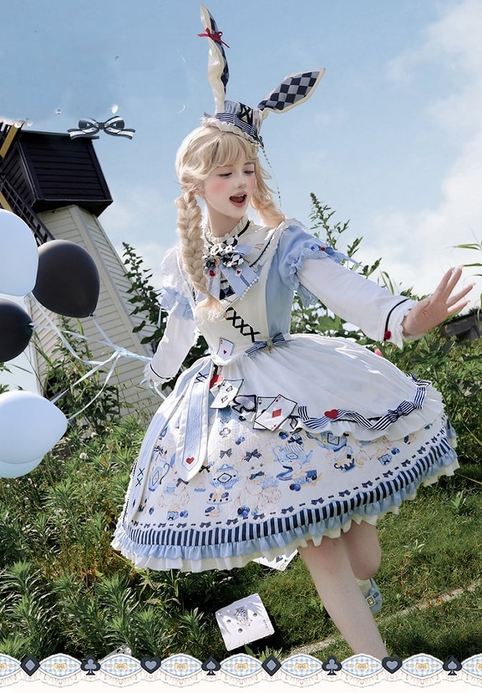 Sweet Lolita Apron Dress OP Full Set with Bunny & Teapot Print in Blue - Ying Luo Fu