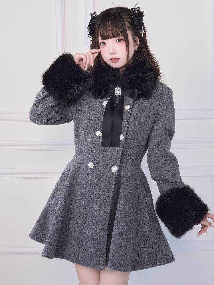 Rhinestone Bow Jirai Coat Double-Breasted Collar Waist-Cinched Kei Gray Cuffs Fuzzy with and