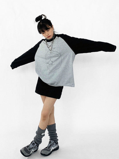 Gray Sleeve Black Neck Unisex Apple Print Long Daily Top Kawaii Round with