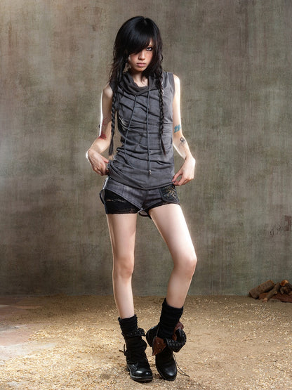 Blue Black Lace Shorts Faux Accents PU Dusty Studded Punk Underlayer Two-Piece with