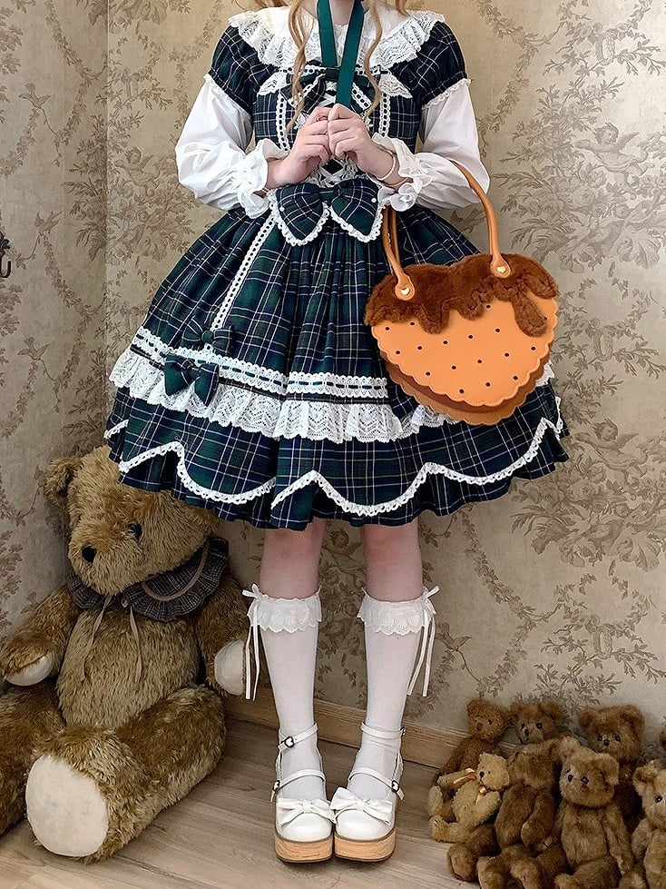 und Kleid karierte Puffärmel mit Akzenten Lolita-Schleife gewellter Rand süßes Grün